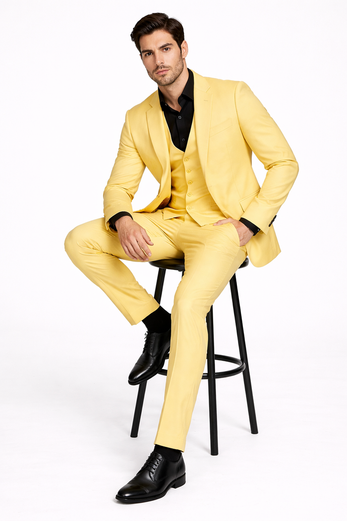 Men's Yellow 3-Piece Suit with Black Dress Shirt  Modern Slim Fit Formal Attire