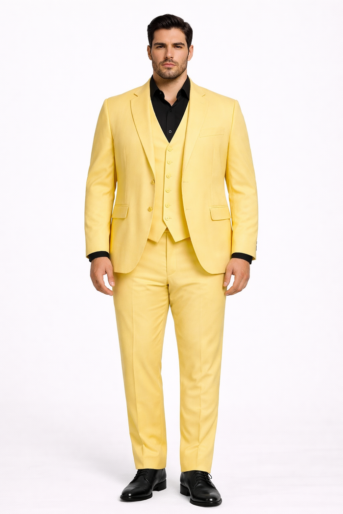 Men's Yellow 3-Piece Suit with Black Dress Shirt  Modern Slim Fit Formal Attire