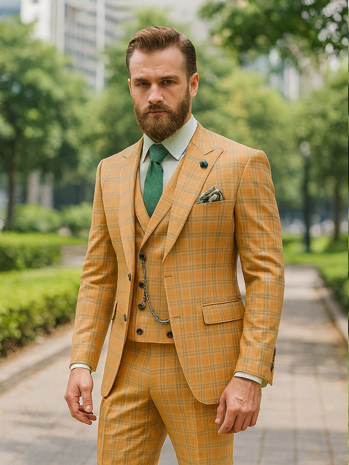 Trendy Plaid Yellow Three-Piece Suit - Men's Slim Fit Formalwear