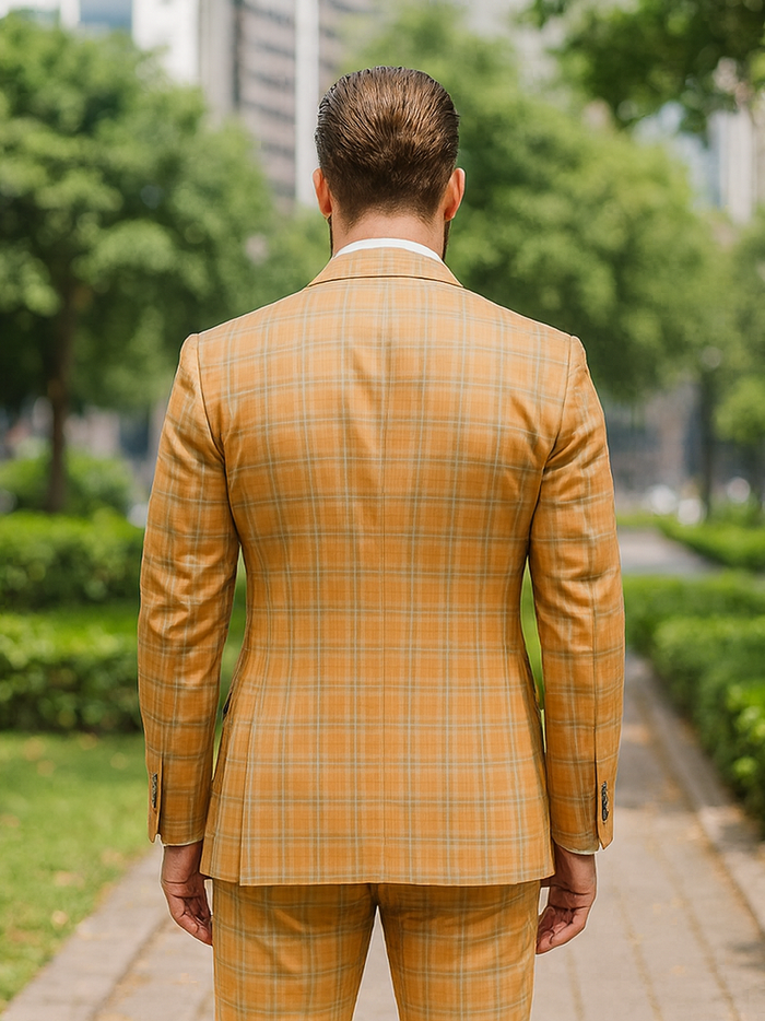 Trendy Plaid Yellow Three-Piece Suit - Men's Slim Fit Formalwear