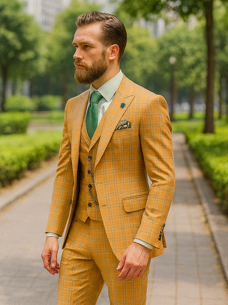 Trendy Plaid Yellow Three-Piece Suit  Mens Slim Fit Formalwear