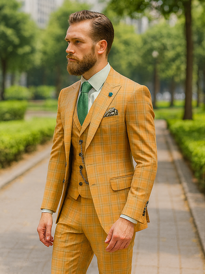 Trendy Plaid Yellow Three-Piece Suit  Mens Slim Fit Formalwear