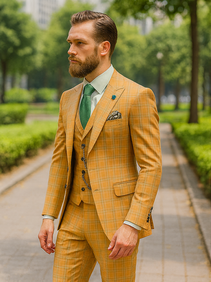Trendy Plaid Yellow Three-Piece Suit - Men's Slim Fit Formalwear