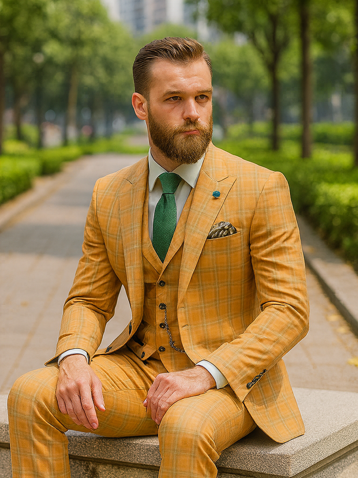 Trendy Plaid Yellow Three-Piece Suit - Men's Slim Fit Formalwear