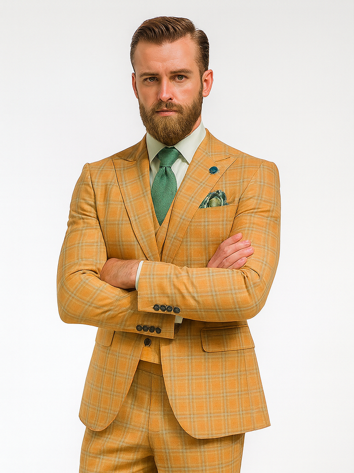 Trendy Plaid Yellow Three-Piece Suit - Men's Slim Fit Formalwear