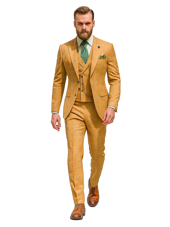 Trendy Plaid Yellow Three-Piece Suit - Men's Slim Fit Formalwear