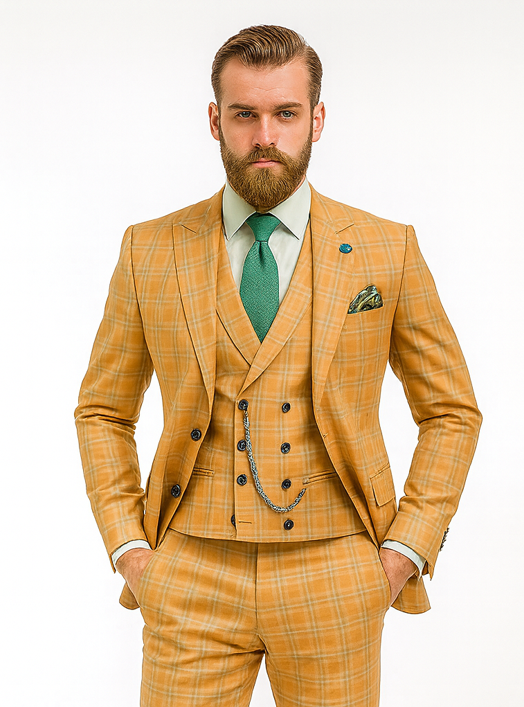 Trendy Plaid Yellow Three-Piece Suit  Mens Slim Fit Formalwear