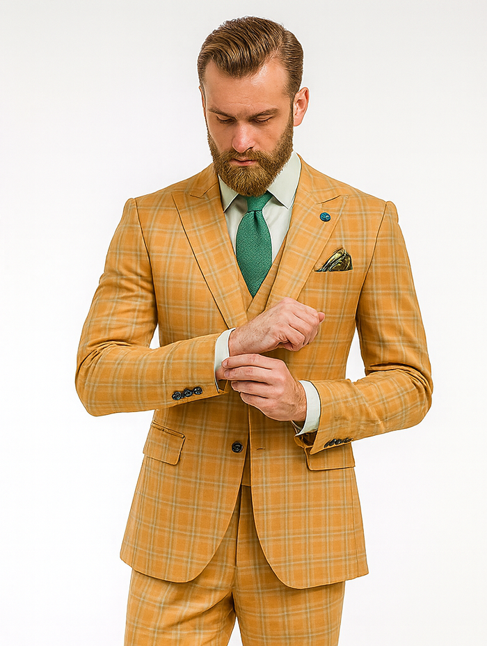 Trendy Plaid Yellow Three-Piece Suit - Men's Slim Fit Formalwear
