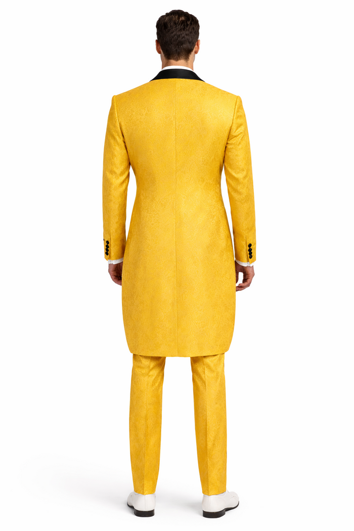 Mens Yellow Tailcoat Tuxedo with Black Lapel and Brocade Detailing  Formal Vintage Style Suit
