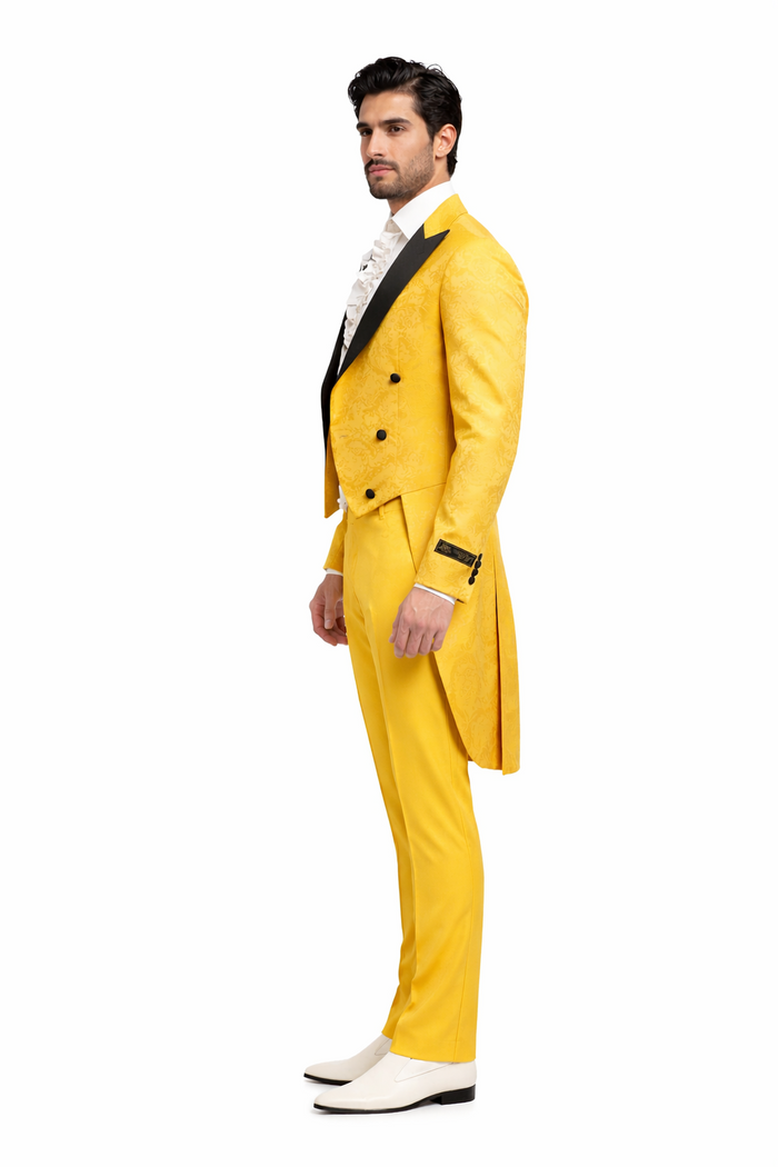 Mens Yellow Tailcoat Tuxedo with Black Lapel and Brocade Detailing  Formal Vintage Style Suit