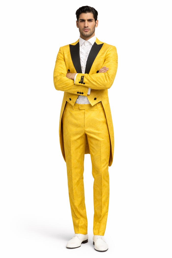 Mens Yellow Tailcoat Tuxedo with Black Lapel and Brocade Detailing  Formal Vintage Style Suit
