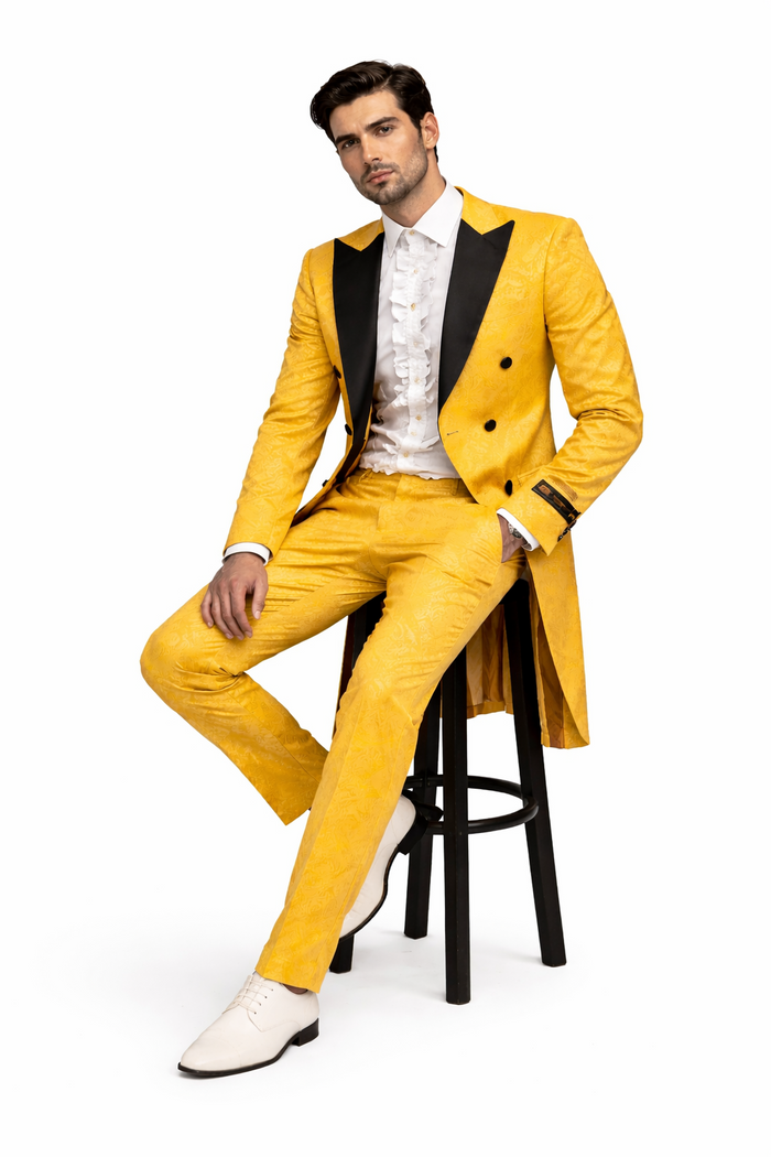 Mens Yellow Tailcoat Tuxedo with Black Lapel and Brocade Detailing  Formal Vintage Style Suit