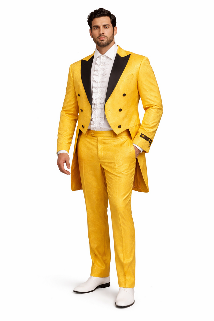 Mens Yellow Tailcoat Tuxedo with Black Lapel and Brocade Detailing  Formal Vintage Style Suit