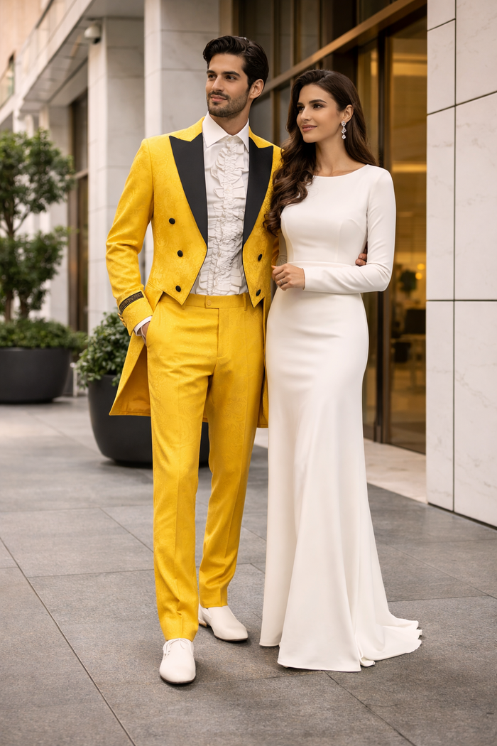 Mens Yellow Tailcoat Tuxedo with Black Lapel and Brocade Detailing  Formal Vintage Style Suit