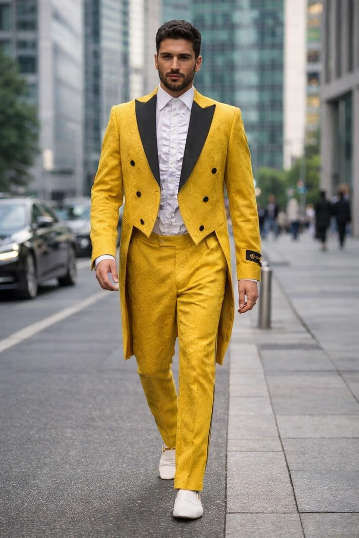 Mens Yellow Tailcoat Tuxedo with Black Lapel and Brocade Detailing  Formal Vintage Style Suit