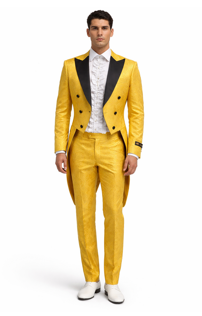 Mens Yellow Tailcoat Tuxedo with Black Lapel and Brocade Detailing  Formal Vintage Style Suit