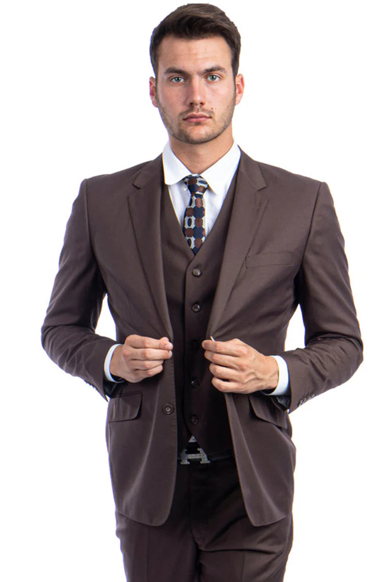 Mens Zegarie Brand Men's Designer Two Button Modern Fit Vested Wool Suit in Cocoa Brown