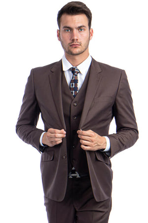 Mens Zegarie Brand Men's Designer Two Button Modern Fit Vested Wool Suit in Cocoa Brown