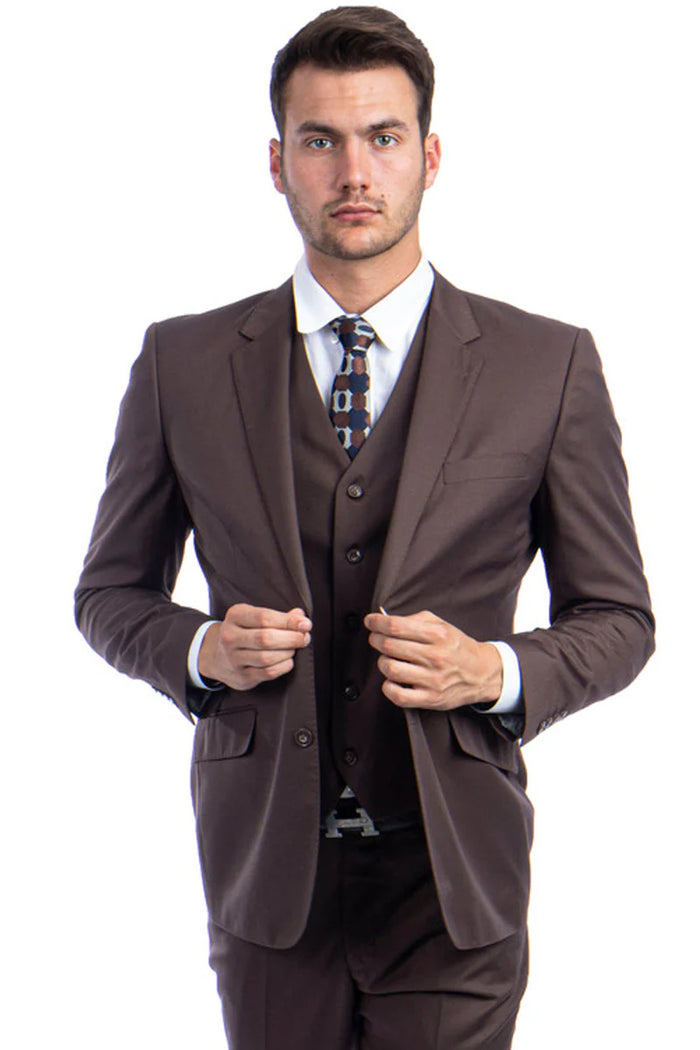 Mens Zegarie Brand Men's Designer Two Button Modern Fit Vested Wool Suit in Cocoa Brown