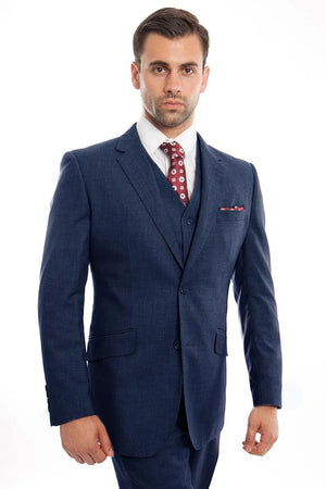 Mens Zegarie Brand Men's Designer Two Button Modern Fit Vested Wool Suit in Indigo Blue