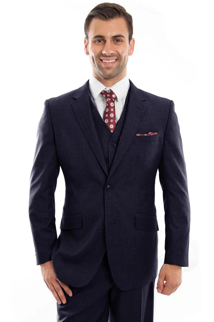 Mens Zegarie Brand Men's Designer Two Button Modern Fit Vested Wool Suit in Navy Blue