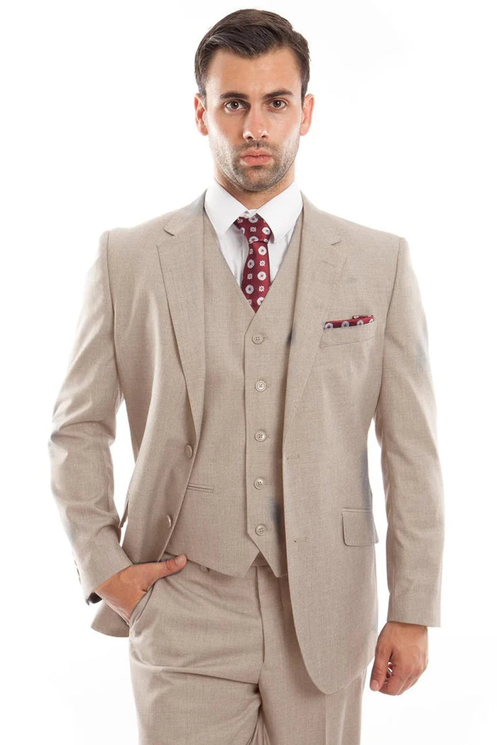 Mens Zegarie Brand Men's Designer Two Button Modern Fit Vested Wool Suit in Tan