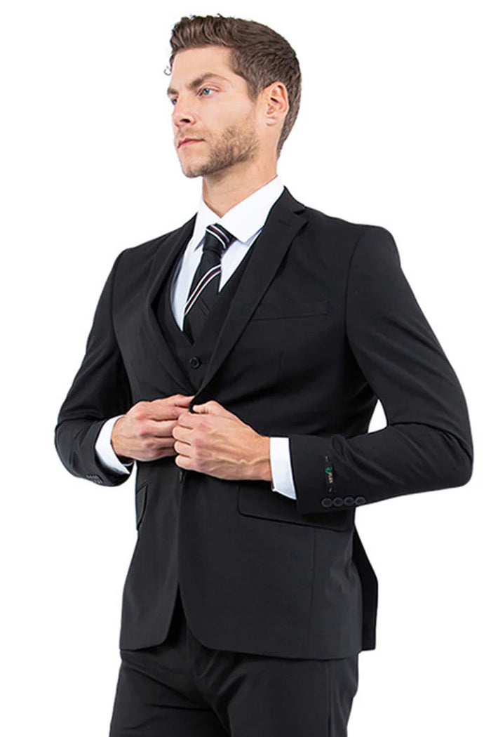 Mens Zegarie Brand Men's One Button Vested Slim Fit Business & Wedding Suit in Black