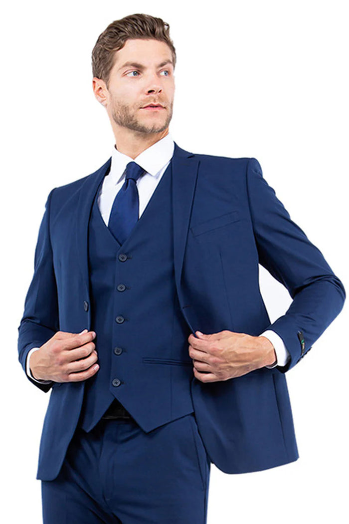 Mens Zegarie Brand Men's One Button Vested Slim Fit Business & Wedding Suit in Navy Blue