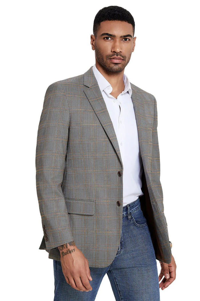 Mens Zegarie Brand Men's Two Button Modern Fit Sport Coat in Tan & Grey Windowpane Plaid