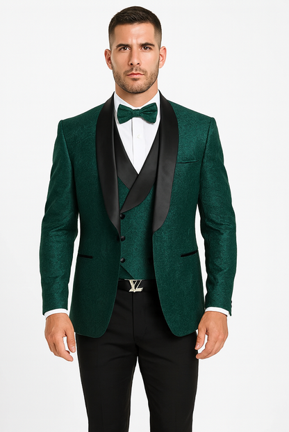 Hunter Green Groom Tuxedo with Floral Lace Vest  Luxury Mens Wedding Wear