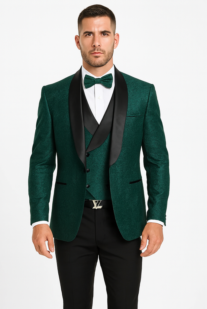 Hunter Green Groom Tuxedo with Floral Lace Vest  Luxury Mens Wedding Wear