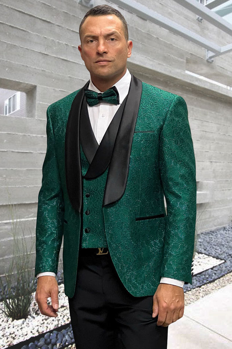Hunter Green Groom Tuxedo with Floral Lace Vest  Luxury Mens Wedding Wear