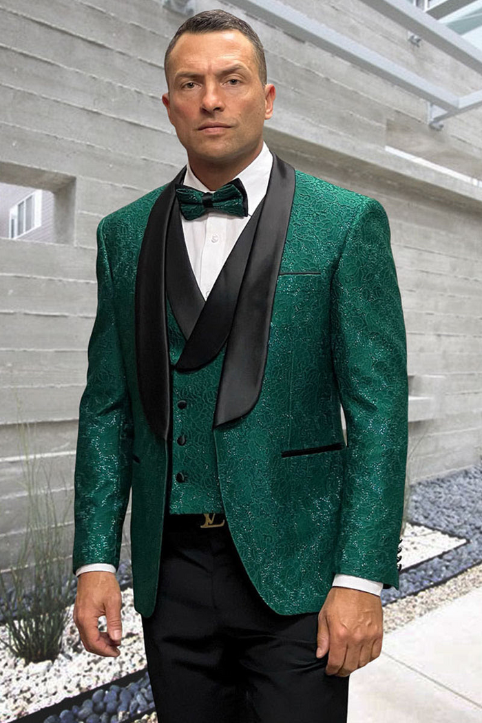 Hunter Green Groom Tuxedo with Floral Lace Vest  Luxury Mens Wedding Wear