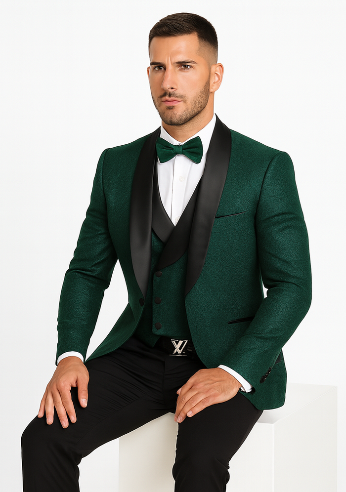 Hunter Green Groom Tuxedo with Floral Lace Vest  Luxury Mens Wedding Wear