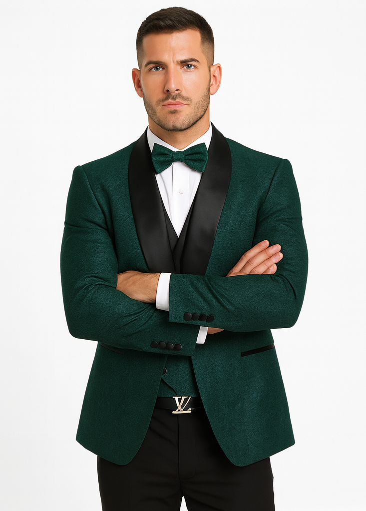 Hunter Green Groom Tuxedo with Floral Lace Vest  Luxury Mens Wedding Wear