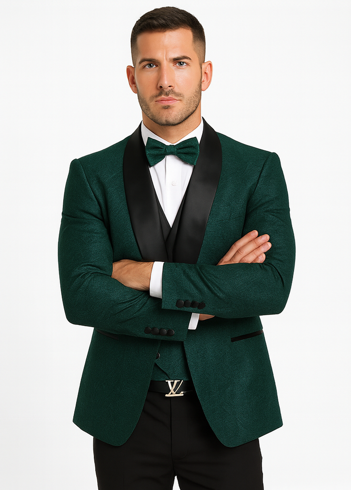 Hunter Green Groom Tuxedo with Floral Lace Vest  Luxury Mens Wedding Wear