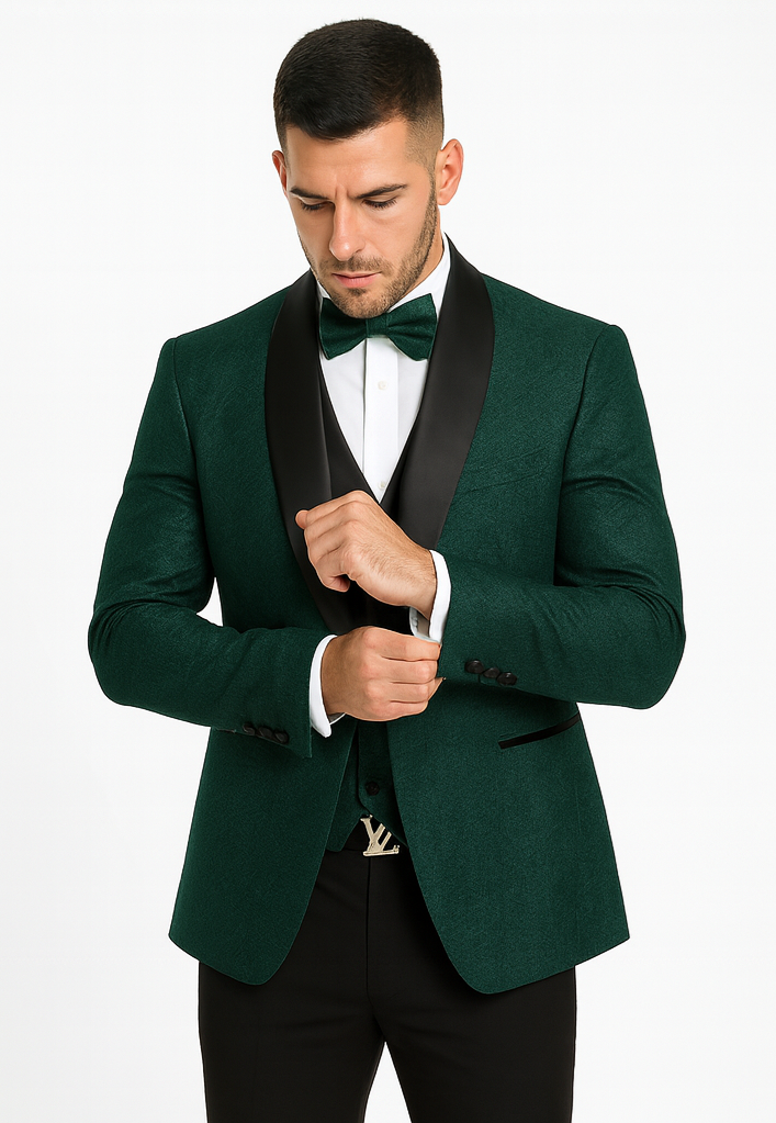 Hunter Green Groom Tuxedo with Floral Lace Vest  Luxury Mens Wedding Wear