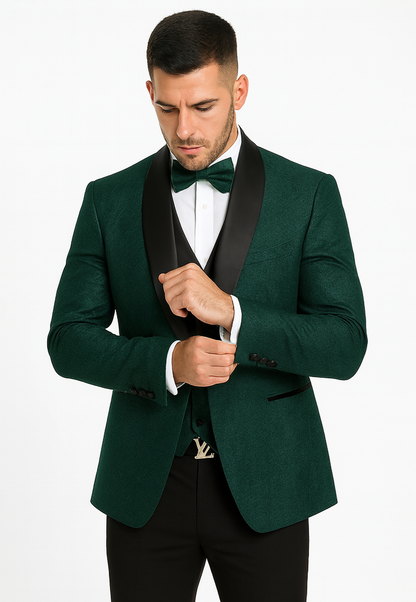 Hunter Green Groom Tuxedo with Floral Lace Vest  Luxury Mens Wedding Wear