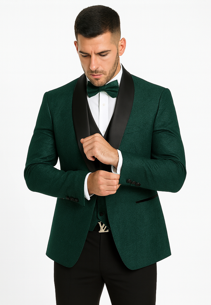 Hunter Green Groom Tuxedo with Floral Lace Vest  Luxury Mens Wedding Wear