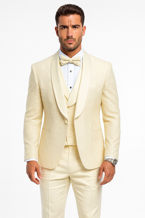 Ivory Groom Tuxedo with Floral Lace Vest  Luxury Mens Wedding Attire
