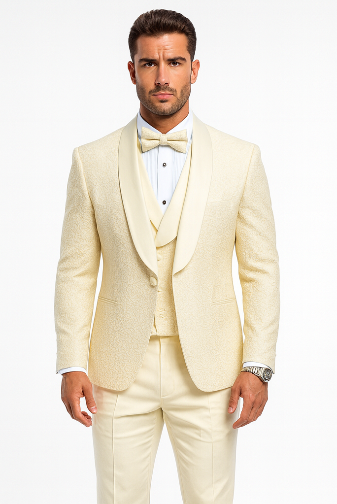 Ivory Groom Tuxedo with Floral Lace Vest - Luxury Men's Wedding Attire