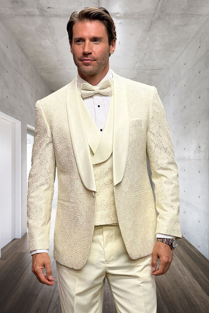 Ivory Groom Tuxedo with Floral Lace Vest  Luxury Mens Wedding Attire