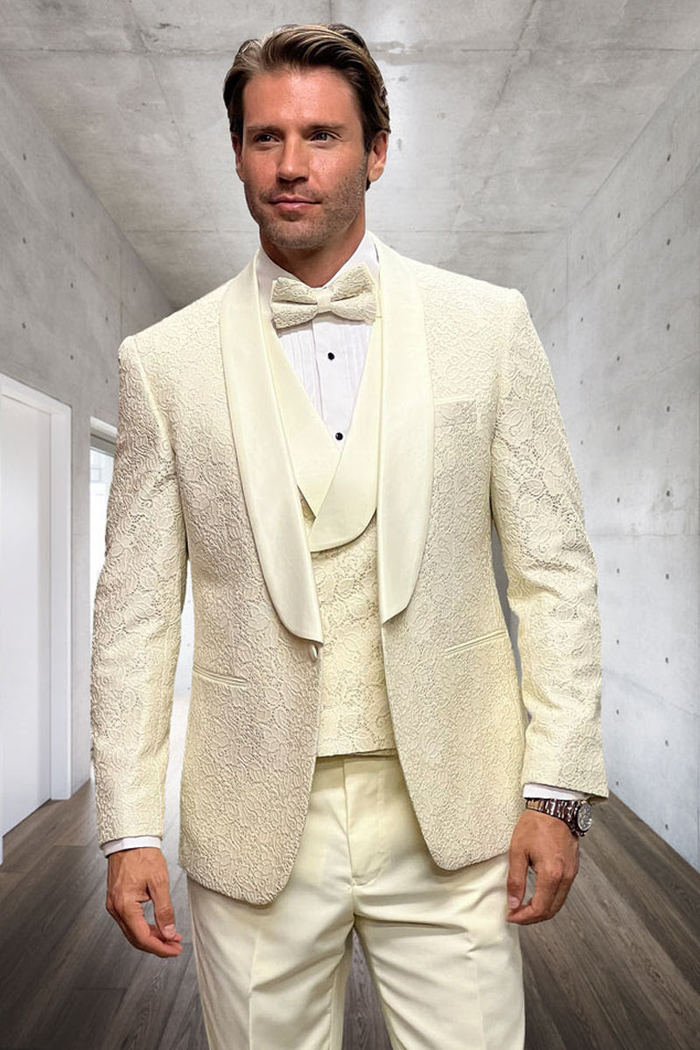 Ivory Groom Tuxedo with Floral Lace Vest - Luxury Men's Wedding Attire