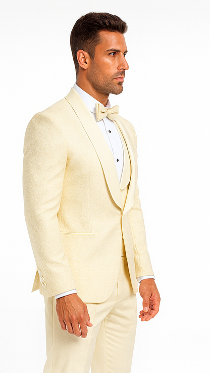 Ivory Groom Tuxedo with Floral Lace Vest  Luxury Mens Wedding Attire