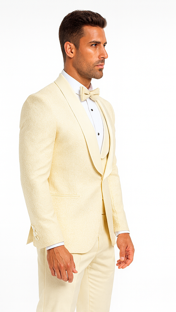 Ivory Groom Tuxedo with Floral Lace Vest - Luxury Men's Wedding Attire