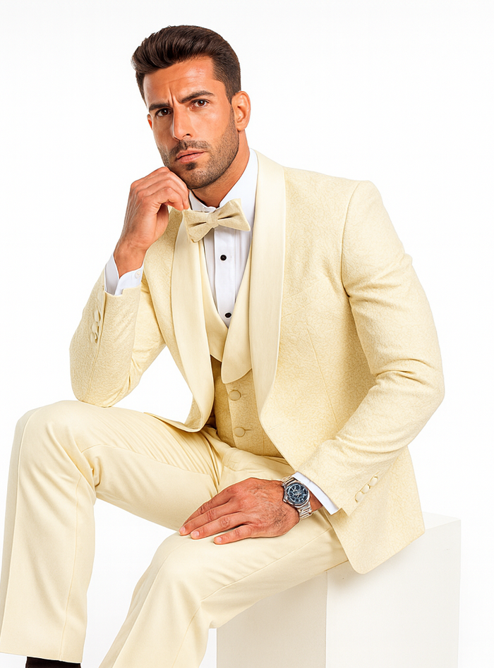 Ivory Groom Tuxedo with Floral Lace Vest - Luxury Men's Wedding Attire