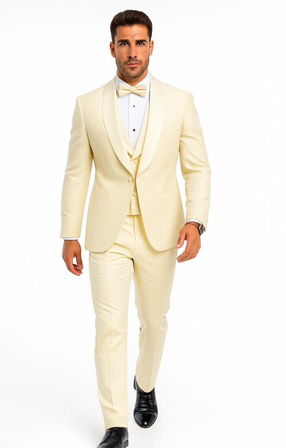 Ivory Groom Tuxedo with Floral Lace Vest  Luxury Mens Wedding Attire