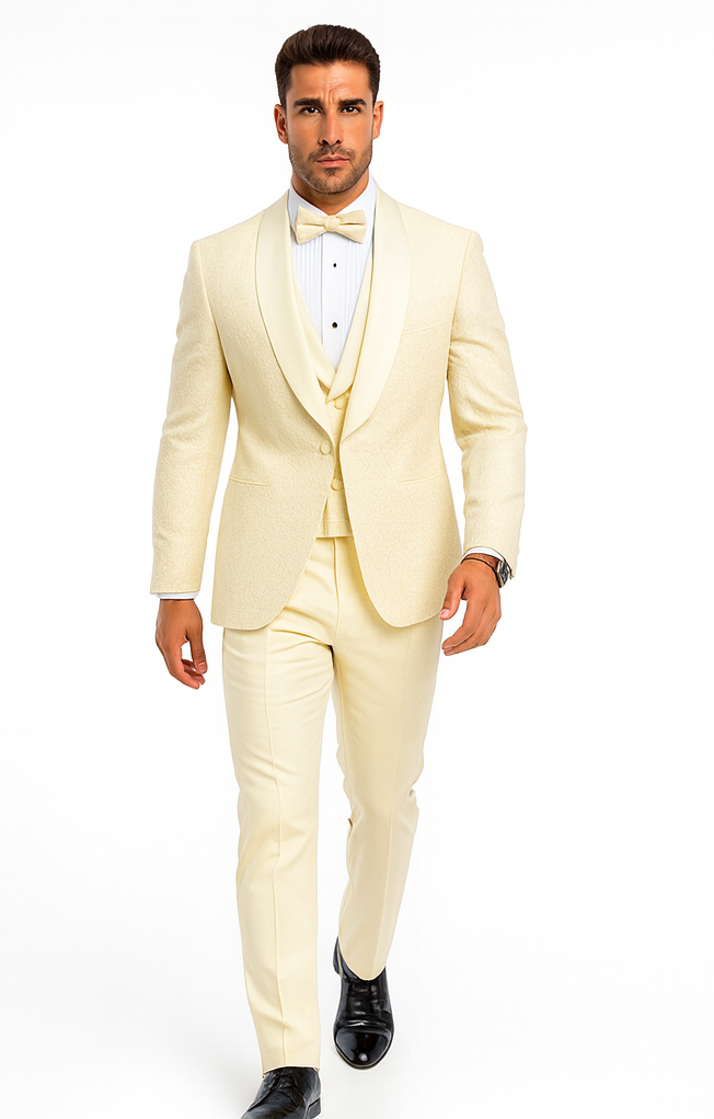 Ivory Groom Tuxedo with Floral Lace Vest - Luxury Men's Wedding Attire