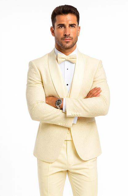 Ivory Groom Tuxedo with Floral Lace Vest  Luxury Mens Wedding Attire