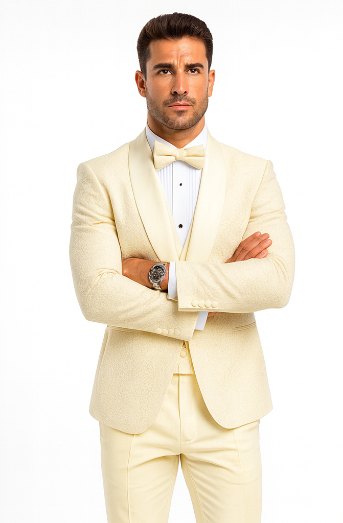 Ivory Groom Tuxedo with Floral Lace Vest - Luxury Men's Wedding Attire